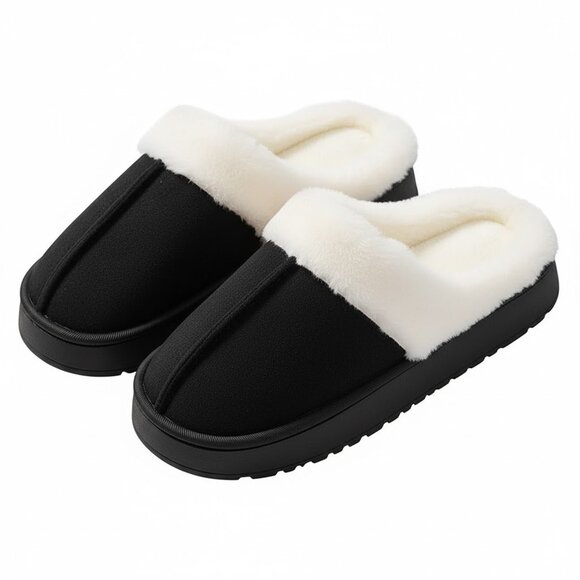 Men's Faux Fur Lined Slip-On SlippersCozy Warm Winter House Shoes~BLACK - Picture 1 of 6